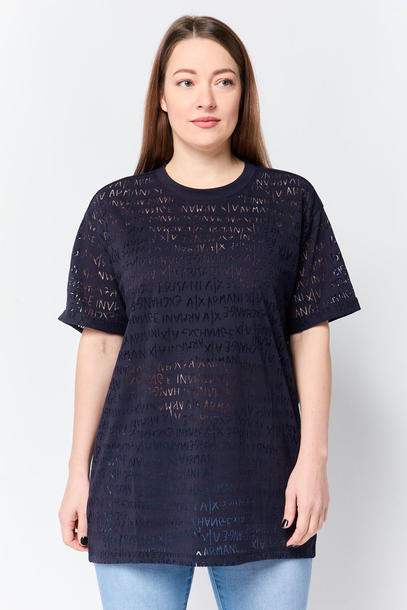 armani AX Armani Exchange Women Crew Neck Eyelet Short Sleeve Top, Navy - Image 1